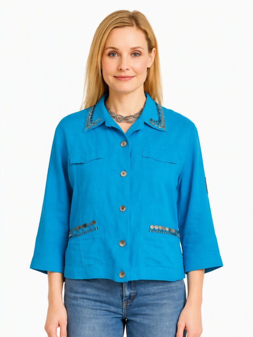 Ruby Rd. Petite Beaded Button Jacket Top | Vibrant Blue Statement Layer